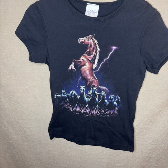 Artisans Womens Black Horse Lightning Graphic Baby Tee Shirt M Slim Fit READ - Picture 2 of 5